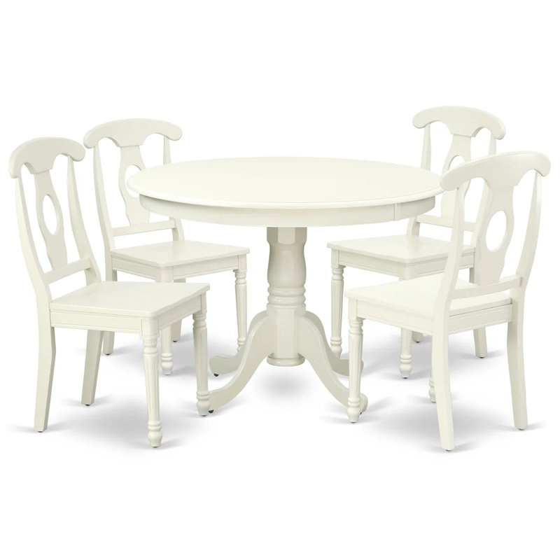 5 Piece Dining Room Table Set Includes a Round Kitchen Table with Pedestal and 4 Dining Chairs, Linen White, Linen White