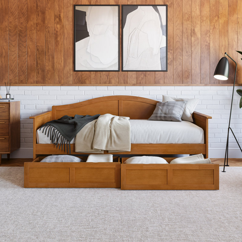 Lit de jour simple en bois massif avec tiroirs de rangement Anakaren, Caramel clair