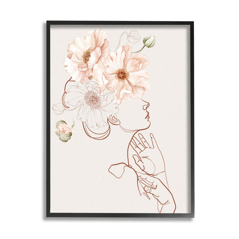 Silhouette de femme en fleurs roses, L 16 po x H 16 po, Giclée encadrée noir minuit