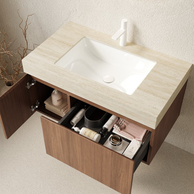 36" Floating Bathroom Vanity Pre-Assembled Plywood Wall Mount Vanity with Ceramic Undermount Sink, Brown Oak Soft Close Drawer & Storage Cabinet, Warm White Sintered Stone Top
