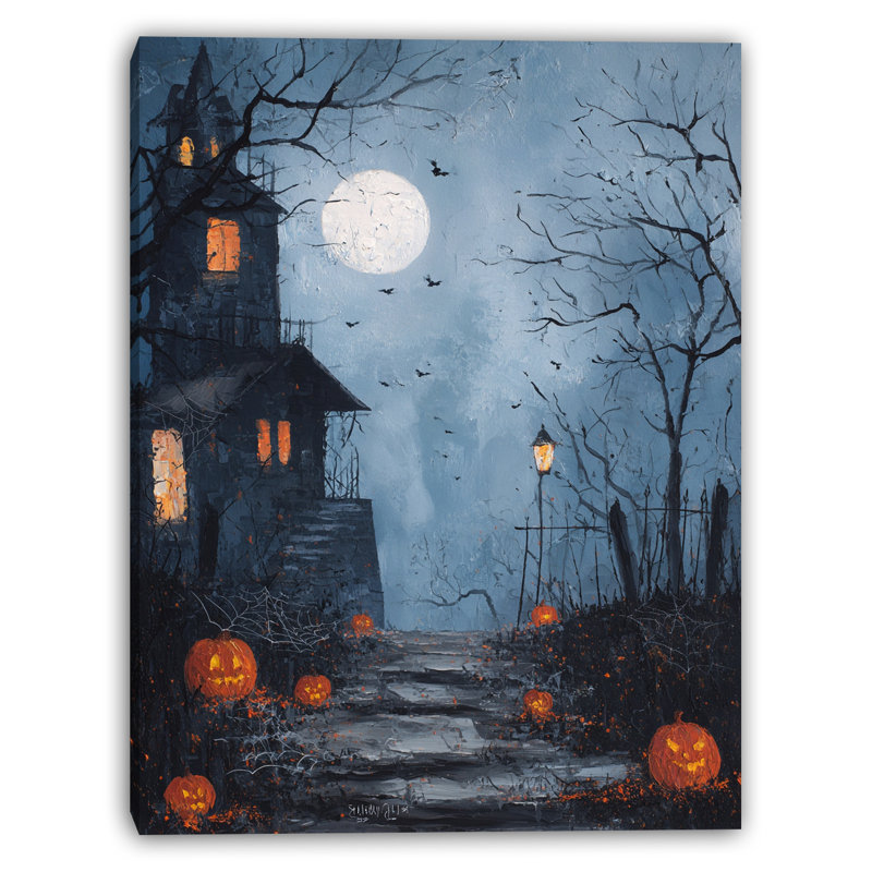 «Spooky House with Jack O Lanterns», art mural sur toile tendue, H 48 po x l 36 po