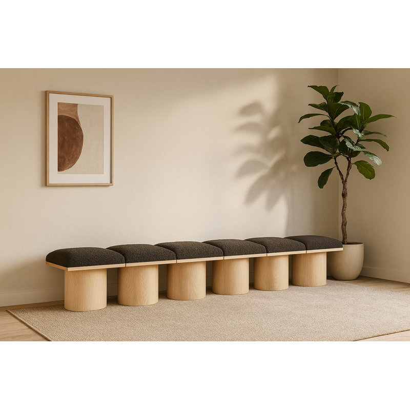 Banc rembourré Horatia, Tissu brun bouclé, Naturel, H 17,5 po x l 108 po x P 15,5 po