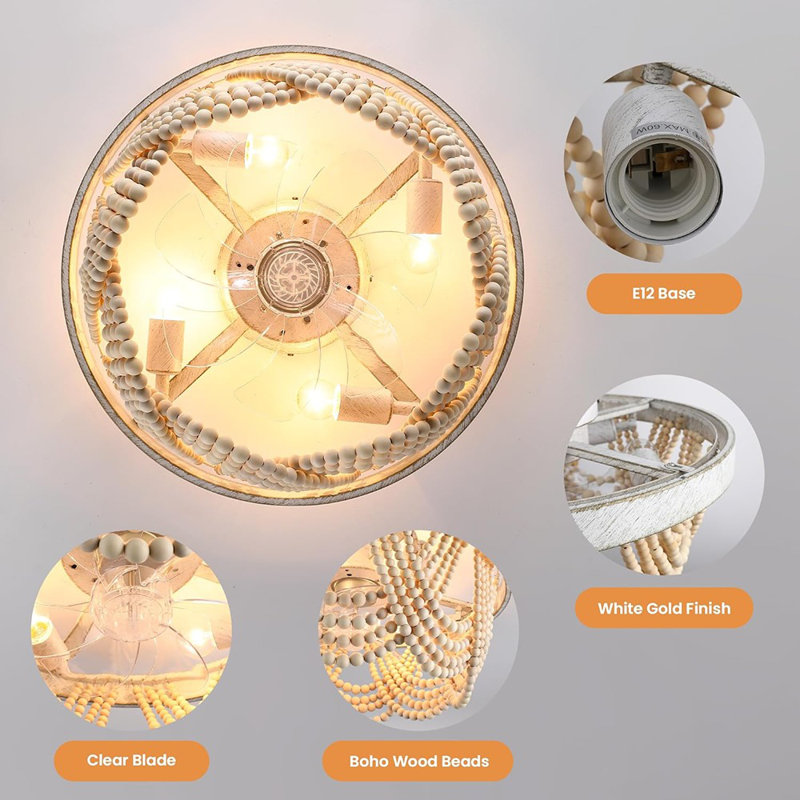 Ventilateur de plafond en bois 20 po avec lumières encastrées Boho