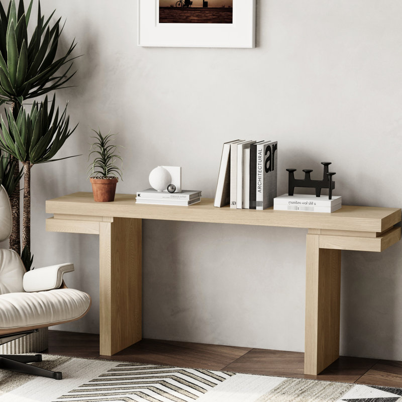 Console très large de 66 po en chêne vieilli, placage de bois véritable, pour vestibule, couloir et bureau, table plaquée avec rangement intelligent, finition chêne, couloir, vestibule sous la table