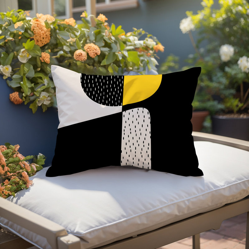 Coussin lombaire réversible intérieur / extérieur Vikka, H 14 po x l 20 po, Jaune / noir / blanc cassé