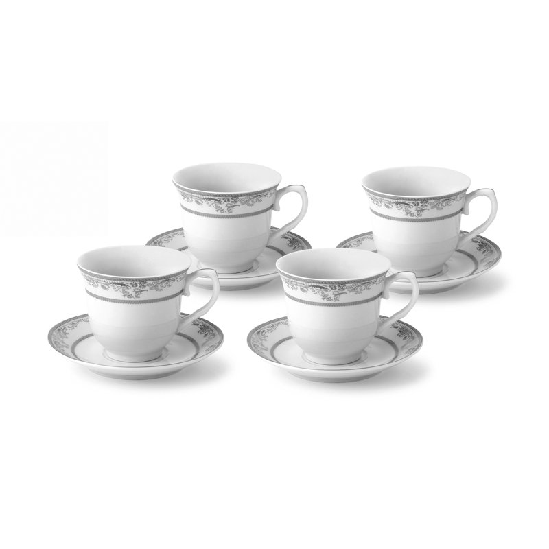 Elegant Silver Floral Porcelain Tea Cups and Saucers Set, 8 oz, Set of 4