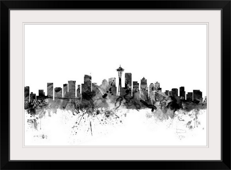 «Francy Seattle Washington Skyline» par Michael Tompsett - reproduction, H 20 po x l 26 po x P 1 po, Cadre noir