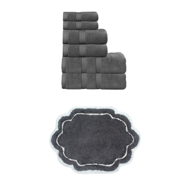 Talbert Collection 100% Soft Cotton Bath Towel Set & 17x24" Bath Rug, 7 Piece Towel Set, Dark Gray