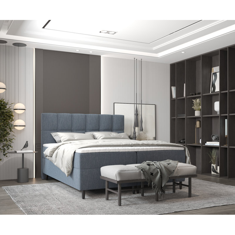 Upholstered Ottoman Bed with Mattress, DE Size - 200 x 200 cm, Blue