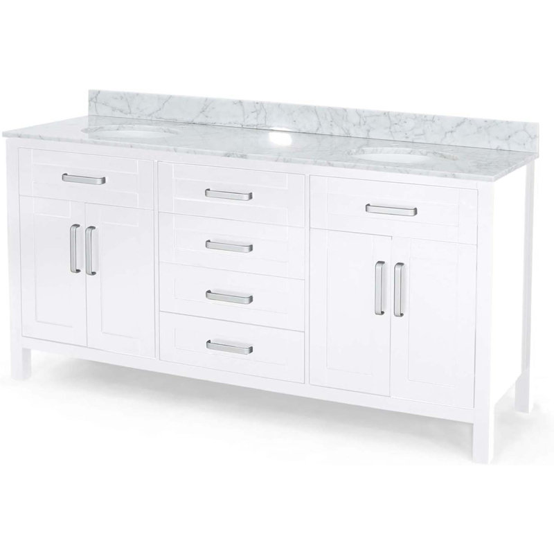 Meuble-lavabo 73 po avec comptoir en marbre et deux lavabos en céramique, 4 portes, 4 tiroirs, Blanc