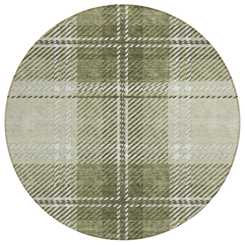 Tapis intérieur lavable rond 8 pi vert artichaut brun et ivoire