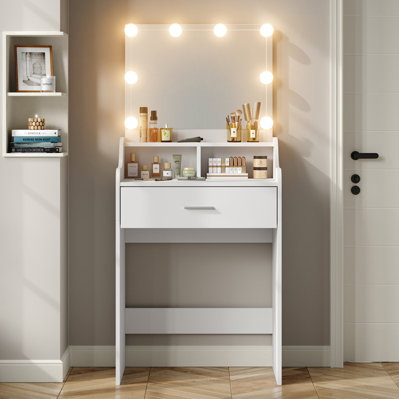 Quinterrious 23.6" Small Makeup Vanity Desk with LED Lighted Mirror for Bedroom