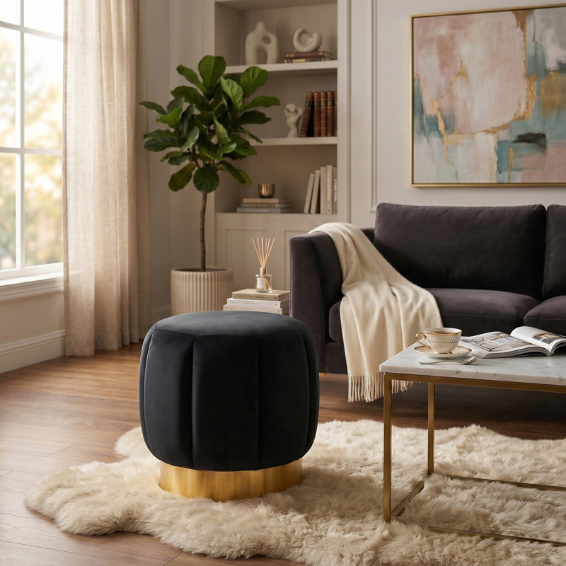 Jayah Upholstered Ottoman, Black Velvet