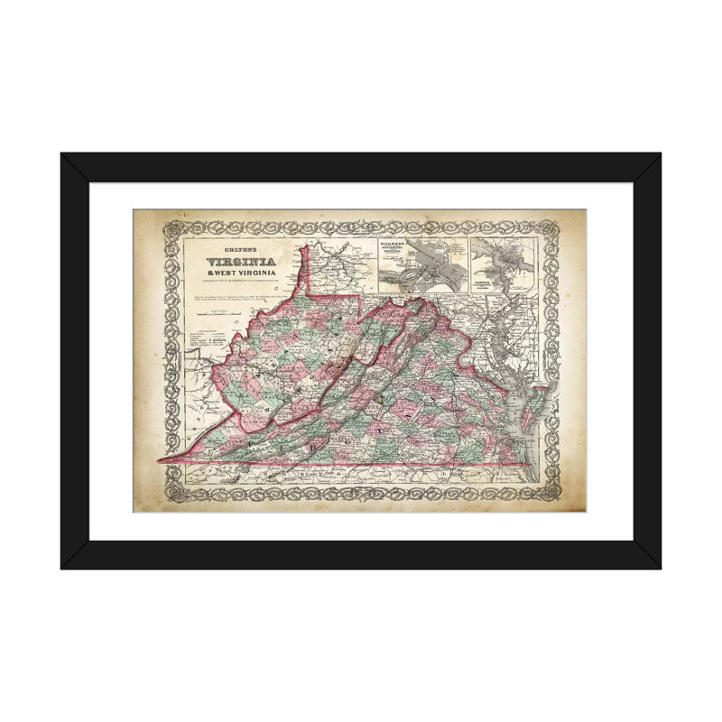 «West Virginia Map», impression sur toile, H 24 po x l 32 po x P 1 po, Papier d'art encadré noir, Blanc