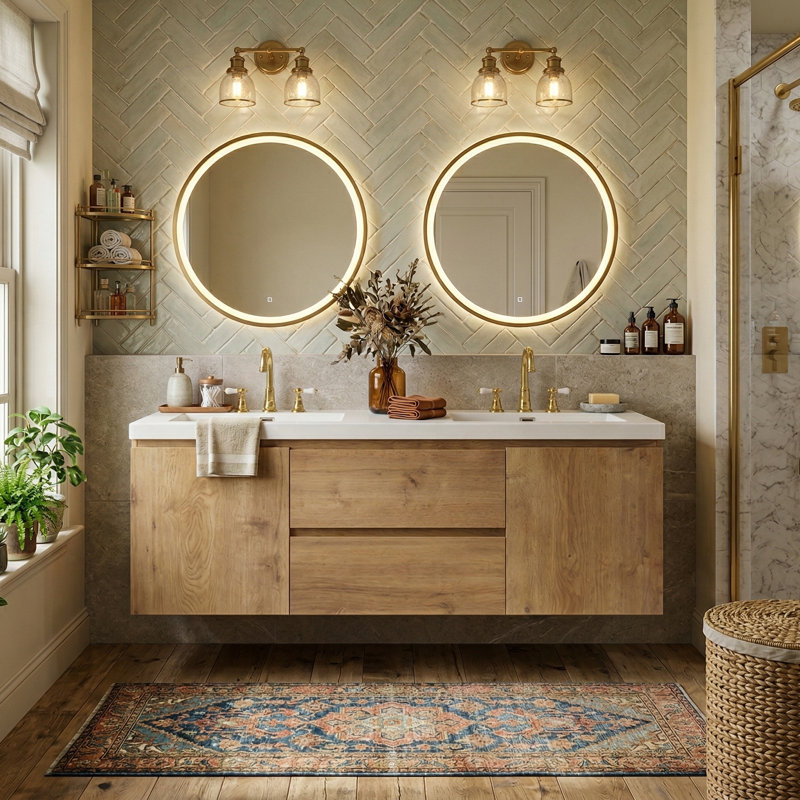59.3" Floating Double Bathroom Vanity With SMC Top, Modern Wall-Mounted Cabinet With 2 Soft-Close Drawers & Doors, Natural Wood
