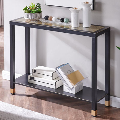 Table en verre avec conception à 2 niveaux, l 41 po, film en maille dorée, style simple pour les tablettes d'entrée et de couloir, bureau tendance