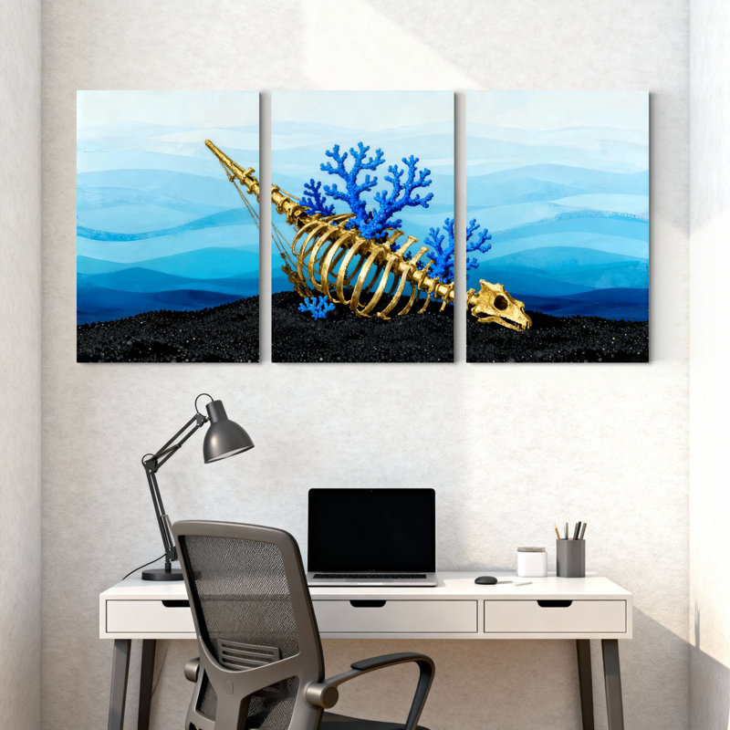 Ensemble de 3 impressions sur toile Golden Fish Skeleton, H 18 po x l 36 po