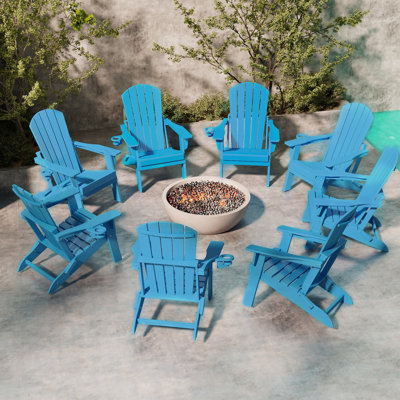 Set of 8 Folding Adirondack Chair Set – All-Weather HDPE Outdoor Lounge Chairs with Cup Holders, Classic Firepit Seating for Patio, Backyard, Deck, or Garden