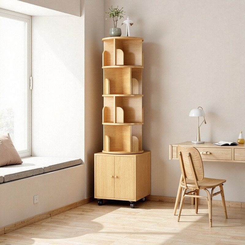 5-Tier Rotating Bookshelf with Storage Drawer, Natural
