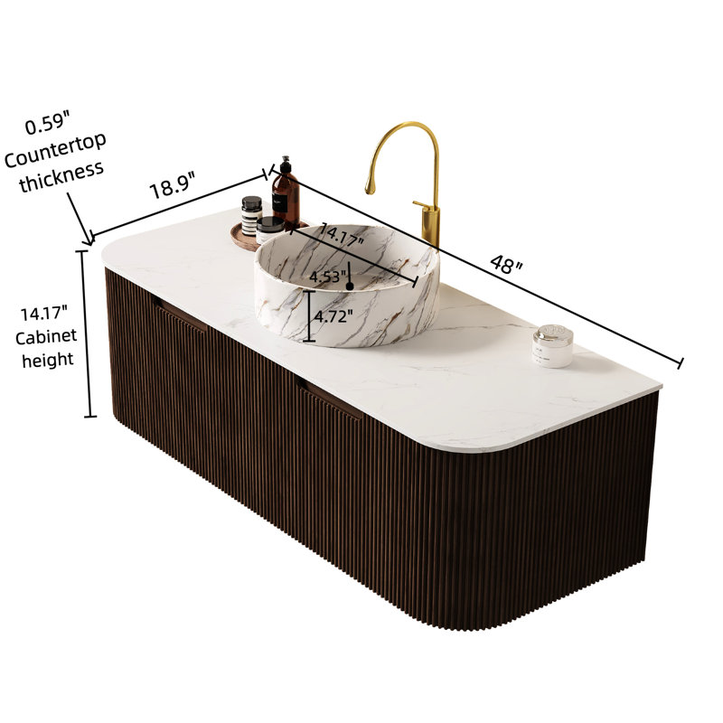 Meuble-lavabo rond blanc en céramique 48 po, armoire avec 2 tiroirs, finition noyer foncé, système de fermeture en douceur, comptoir facile à installer, système