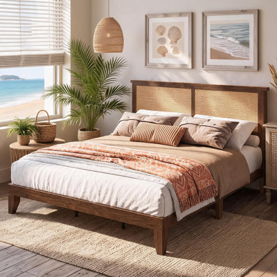 Bohemian Rattan Bed Frame with LED Light Headboard & Wooden Slats Support | Metal Platform, Noise-Free & No Box Spring Needed for Bedroom