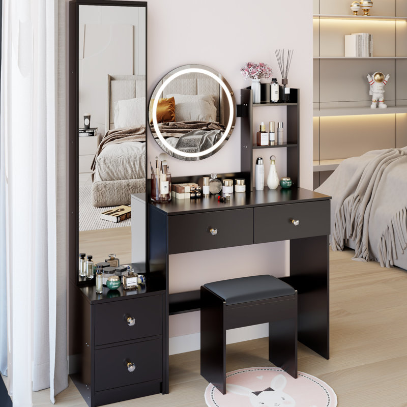 Table de coiffeuse à DEL 17 po avec miroir tactile 3 couleurs à luminosité réglable, armoire de toilette pleine grandeur et tabouret rembourré inclus, design américain, matériau noir, profondeur 43,02 po, largeur 14,45 po,