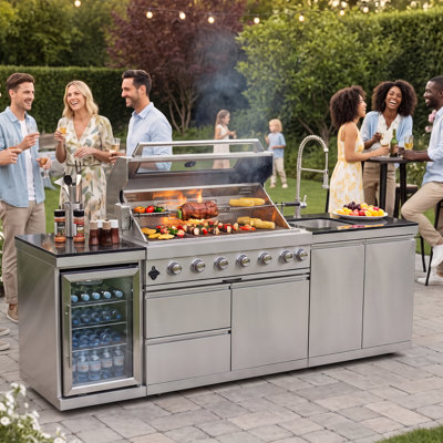 Station de barbecue au gaz pour îlot de cuisine en acier inoxydable 304 de 96 pouces Piper de Piper, station de cuisson modulaire avec brûleur infrarouge à hauteur réglable et refroidisseur de boissons intégré