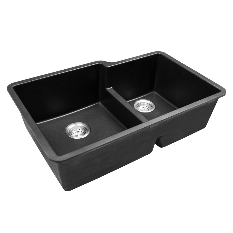 Évier de cuisine à double cuve 60/40 encastré en quartz 32 po x 21 po, Noir