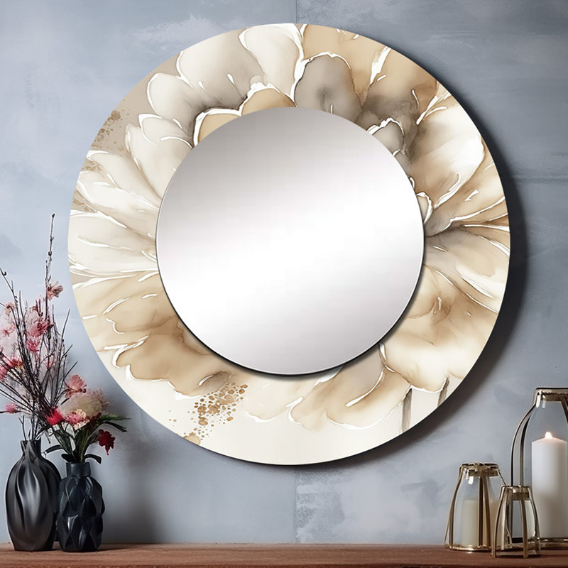 Quamari fleur simple beige IV - miroir mural décoratif floral, miroir rond beige, impression d'art en métal, 23 po x 23 po