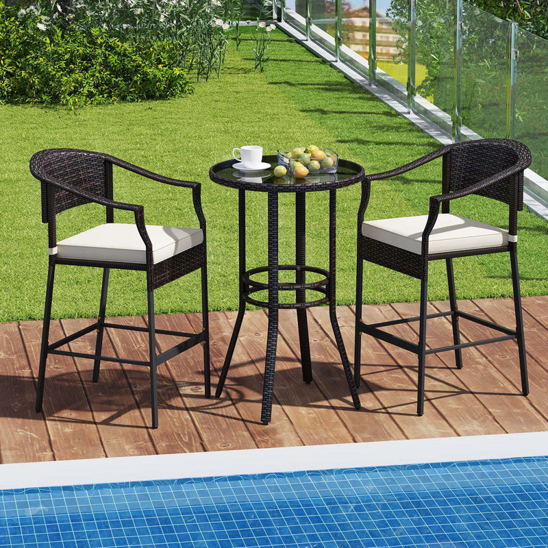 3 Pcs Patio Rattan Bar Set Wicker Armchairs & Round Table With Tempered Glass Top