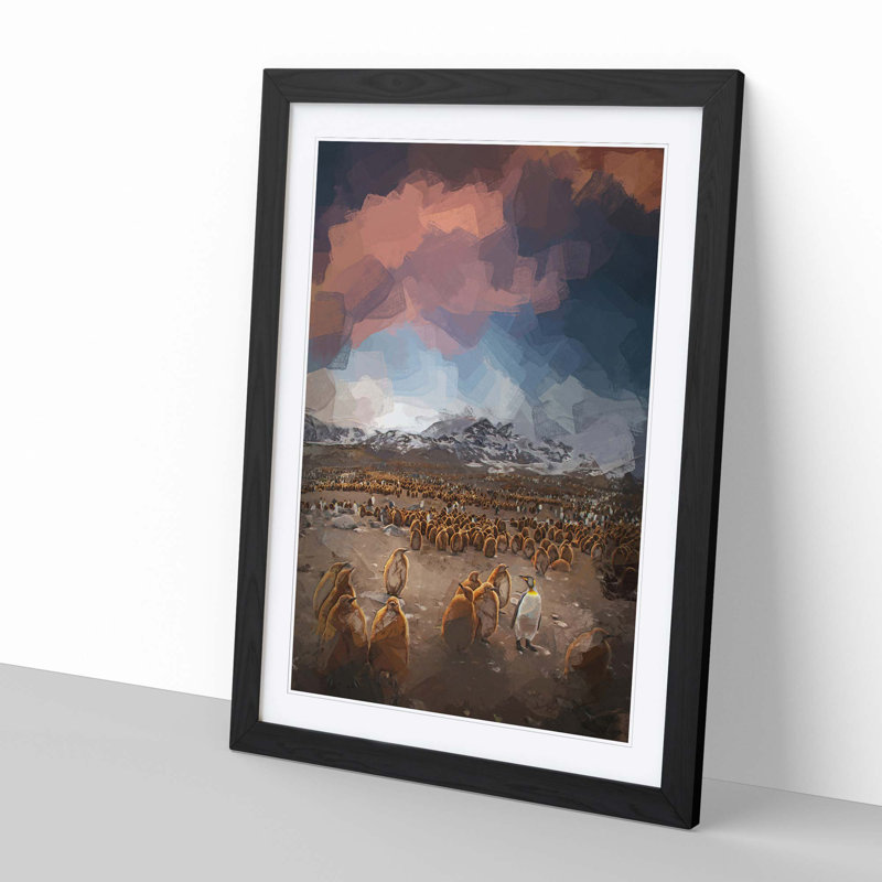King Penguins & Mountains in Abstract - Picture Frame Graphic Art Print, 91cm H x 60cm W x 2cm D, Black
