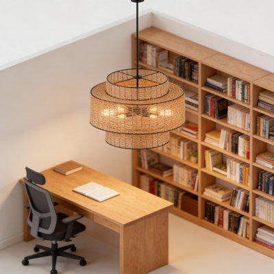 Luminaire de lustre en rotin Boho, abat-jour tambour en bambou tissé à la main à 6 lumières avec cadre en métal noir, luminaire suspendu campagnard rétro pour salle à manger, salon, chambre à coucher, cuisine