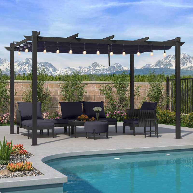 Pergola rétractable d'extérieur 10 pi x 13 pi avec guirlandes mauves, Bleu marine