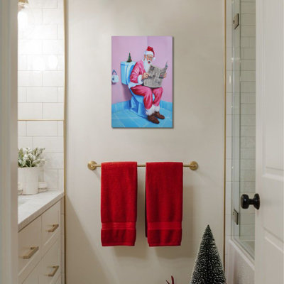 Décorations murales de Noël - Drôle de père Noël sur toile, impression sur toile de salle de bain pour salon, cadre de décoration de Noël enveloppé, 12 po x 16 po