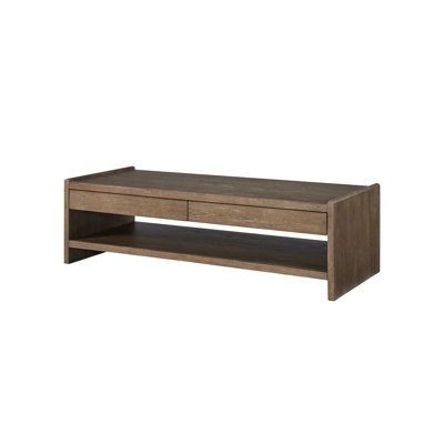 Table de cocktail à 2 tiroirs avec plateau en bois et tiroirs à fermeture en douceur qui prolongent la durée de vie de la quincaillerie, dont deux intégrés pour le rangement à distance des sous-verres, placement de paniers de livres sur toute la longueur, grain fini vieilli