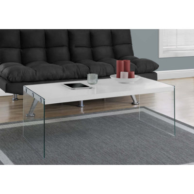 Hulo Coffee Table, Clear Glass Side Panels, 44 Inch Gray Wood Top
