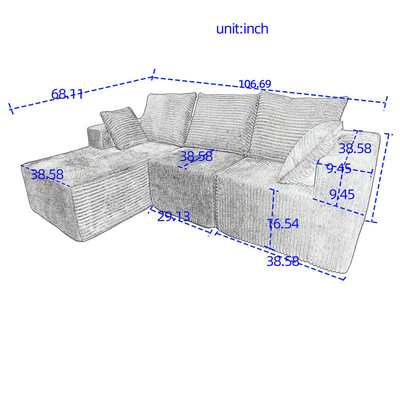 Canapé-lit modulaire rembourré avec accoudoirs larges Nahomie Boneless, Lin beige, Orienté à gauche (vu de face)