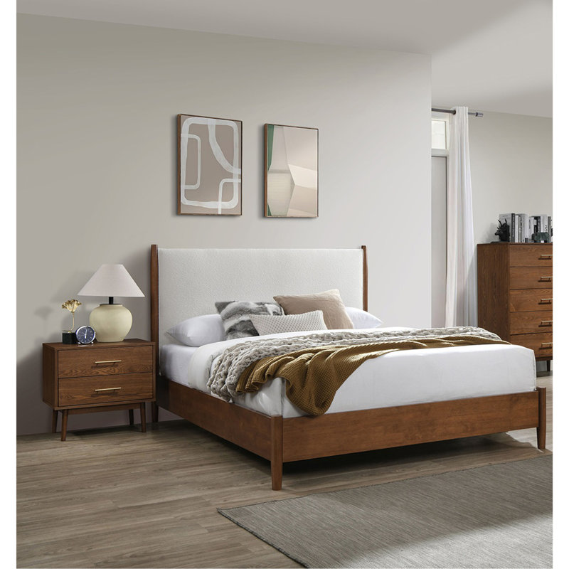 Ensemble de chambre avec tête de lit à panneau 3 pièces couleur noyer, Lit double