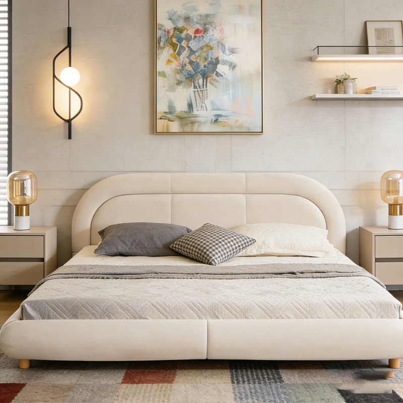 Modern Curved Upholstered Low Profile Platform Bed, Beige
