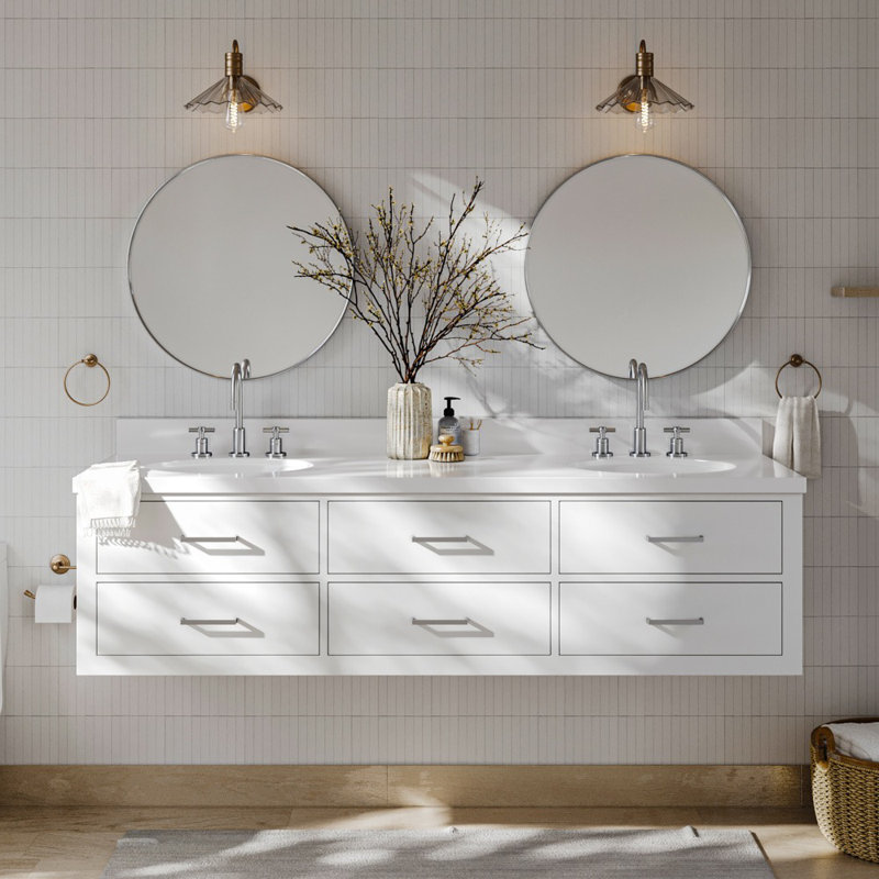 73'' W Double Vanity, Brushed Nickel, Gray, Pure White Quartz