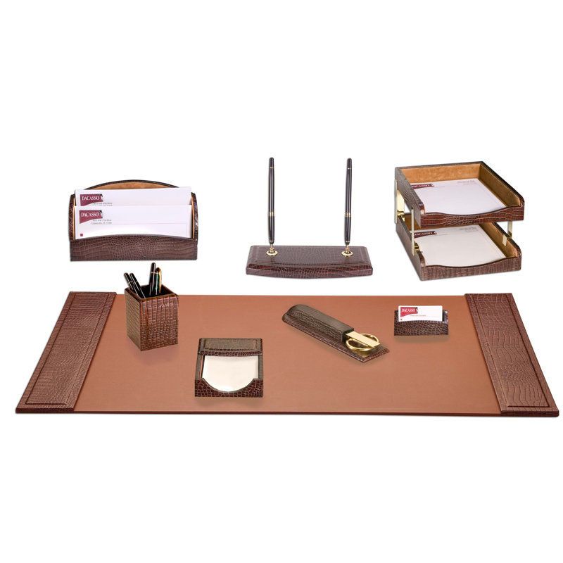 Brown Crocodile Embossed Leather 10-Piece Desk Organizer Set