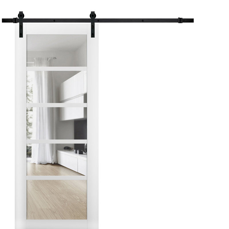 Porte de grange robuste Quadro 4522 Blanc Soie avec vitrage clair, rail de 2 m (6,6 pi), quincaillerie renforcée, porte intérieure à panneau plein - 45,7 cm x 243,8 cm (18 po x 96 po) - vitrage transparent - rail noir