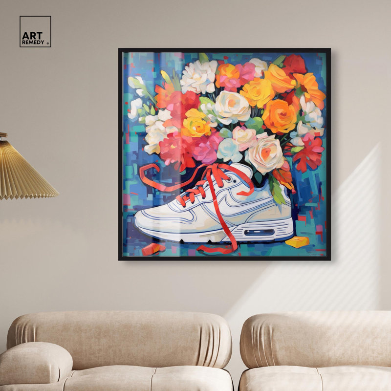 Art mural fantaisiste Sneaker avec fleurs, H 41 po x l 41 po, Noir