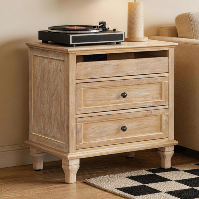 28" Wood Nightstand with Charging Station, Farmhouse Bedside Table with 3 Drawers, USB & Type-C Ports, Storage End Table for Bedroom Living Room Office