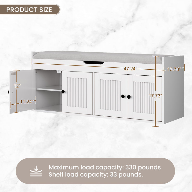 47.2" Modern Farmhouse Storage Bench with Cushion, Upholstered Shoe Bench with Shelf for Entryway, Mudroom, Hallway, White