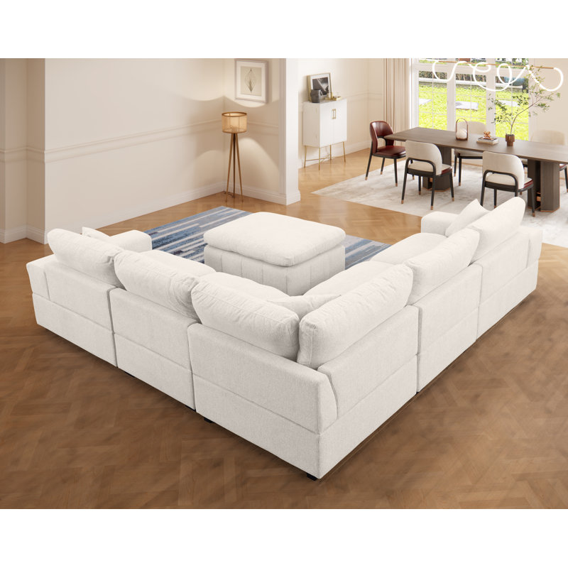 Upholstered 6-seater Chenille Modular Sofa With Oversized Movable Ottoman & Plush Cushions, Beige Chenille