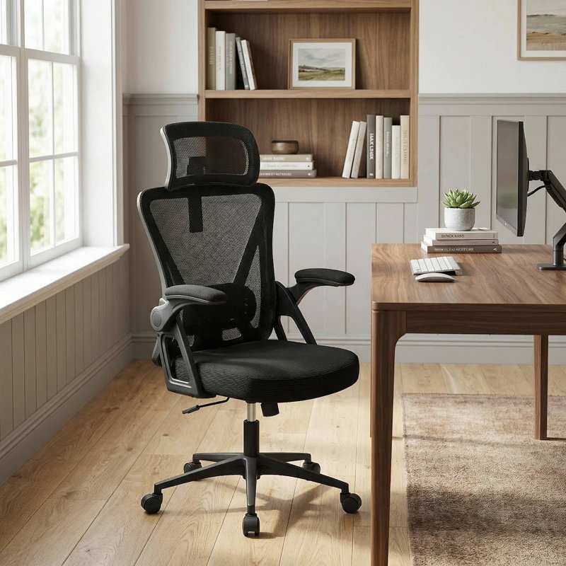 Fauteuil de bureau ergonomique respirant en filet avec support lombaire réglable et accoudoirs rembourrés pour bureau à domicile