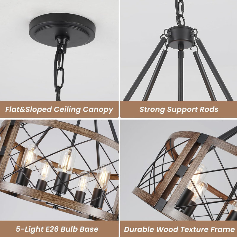 Lustre de style campagnard avec hauteur réglable, luminaire suspendu rustique 5 lumières pour salle à manger, îlot de cuisine, vestibule, vestibule, chambre à coucher et couloir