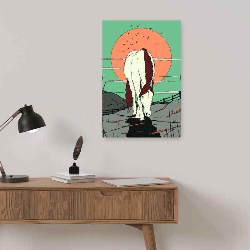 «White Horse Sunset Path Peaceful Serene Tranquil Bird Horse Landscape Nature», reproduction d'art mural, H 18 po x l 12 po