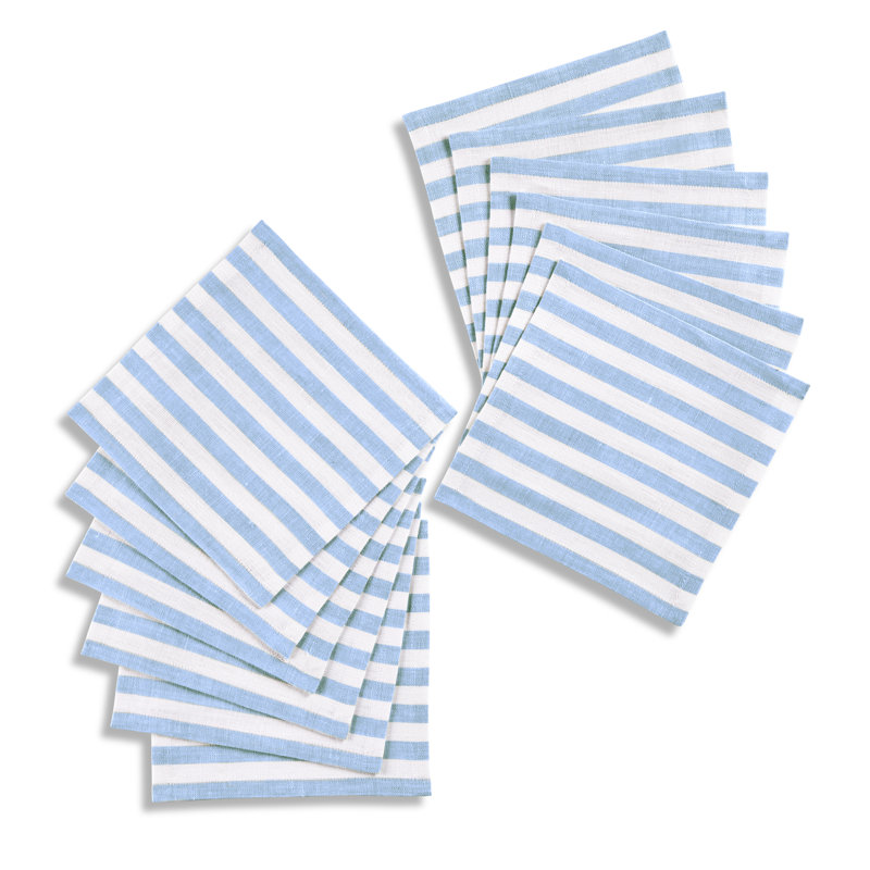 Amalfi Stripe-100% Pure Linen Cocktail Napkins (Set of 12), Sky Blue and White